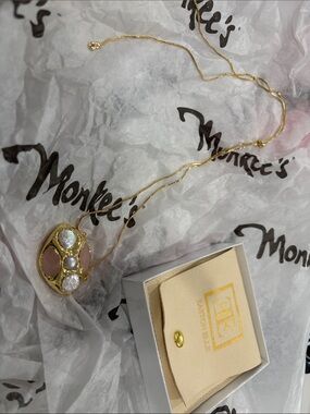 Gold Necklace with Pink Enamel and Pearl Accents